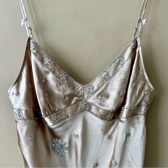 Victoria's Secret Gold Tan Silk Beaded Sequin Cami Spaghetti Strap Baby Doll Top - Picture 3 of 10
